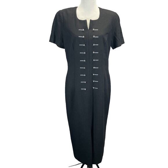Vintage Santa Fe by Jim Tremblay Black Silver Pin Detail Sheath Dress Size 14 - Picture 1 of 9